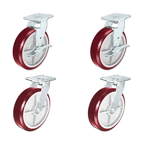 Heavy Duty Polyurethane Swivel Casters W/ Brake, 8"x2" Size